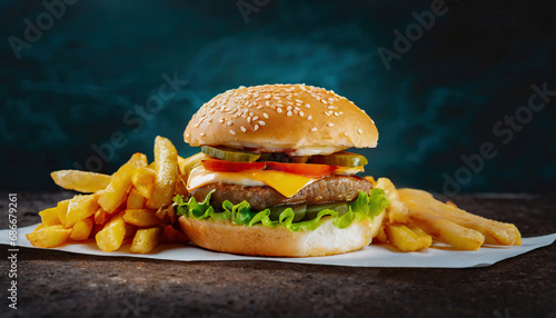  A tasty hamburger with fries, fast food