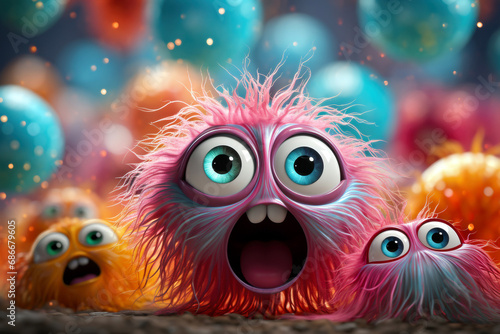Funny monsters with bokeh background. 3d rendering.