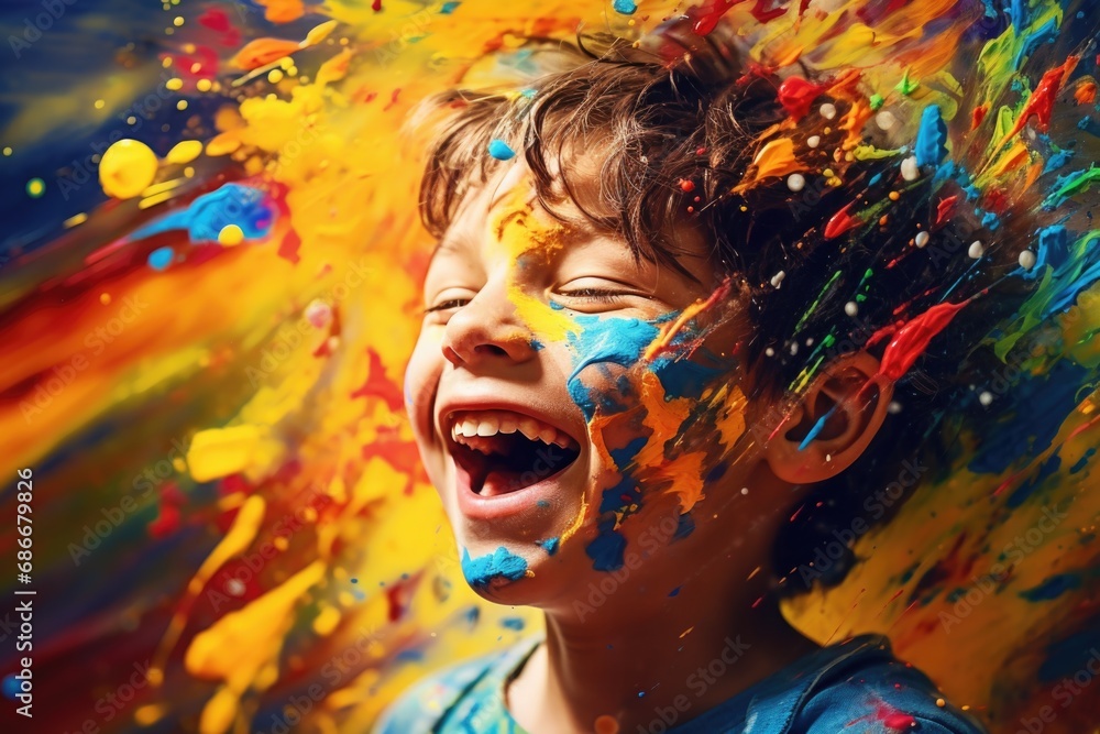 A young boy with paint all over his face. Perfect for creative projects and children's activities