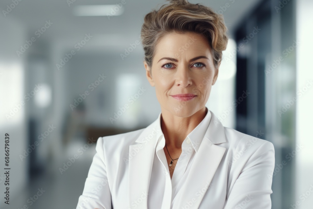 A woman wearing a white shirt and white blazer. Perfect for professional or casual settings A woman wearing a white shirt and white blazer. Perfect for professional or casual settings