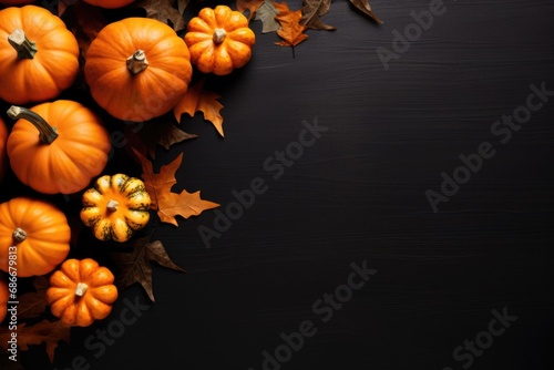 A group of small pumpkins and leaves arranged on a table. Perfect for autumn-themed decorations or Thanksgiving celebrations