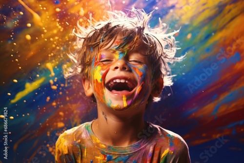 A young boy with paint all over his face, smiling happily. Perfect for capturing the joy of childhood creativity.