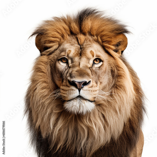 Closeup lion with an aggressive look on white background  ai technology