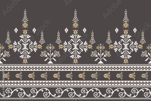 Abstract ethnic pixel border pattern flower. Aztec fabric boho mandalas India sari border design textile wallpaper. Tribal native motif African American saree borders Saree embroidery vector 