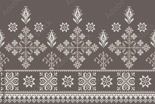 Abstract ethnic pixel border pattern flower. Aztec fabric boho mandalas India sari border design textile wallpaper. Tribal native motif African American saree borders Saree embroidery vector 