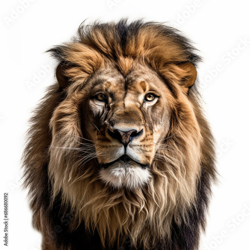 Closeup lion with an aggressive look on white background, ai technology