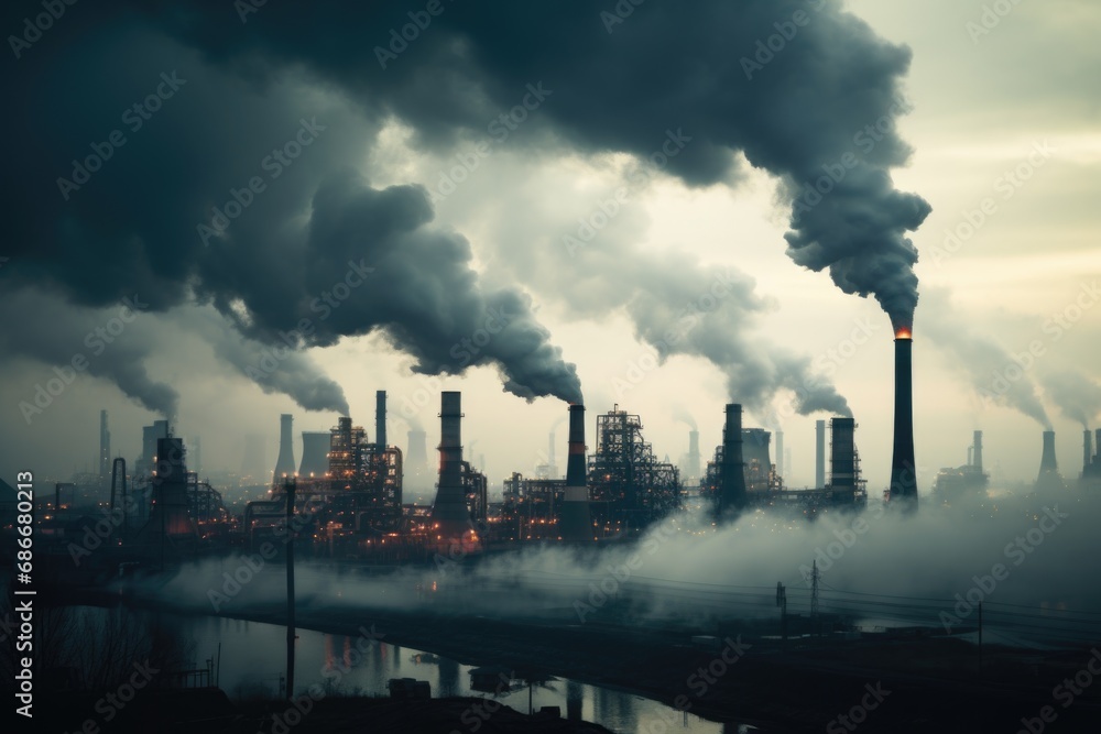A picture of smoke billowing out of a factory with a body of water in the foreground. This image can be used to depict industrial pollution or environmental concerns
