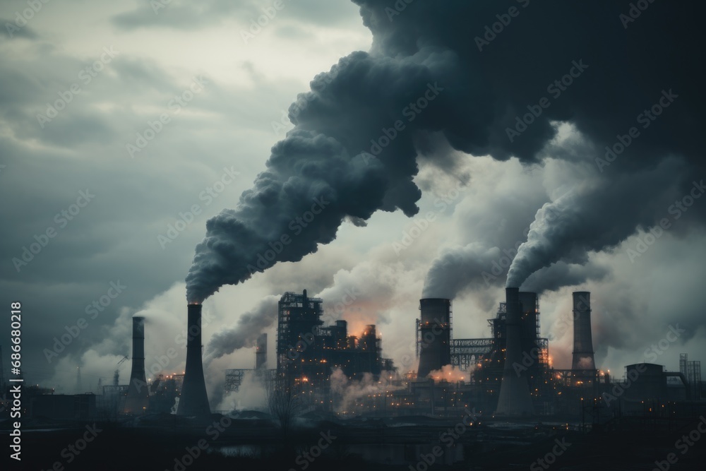 A picture showing black smoke billowing out of a factory. This image can be used to highlight pollution and environmental issues A picture showing black smoke billowing out of a factory. This image can be used to highlight pollution and environmental issues