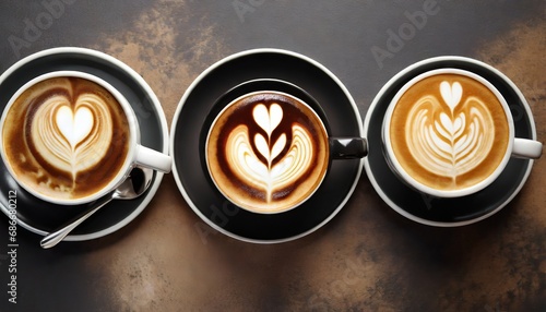 Cups of coffee , latte art, heart, pattern , variations