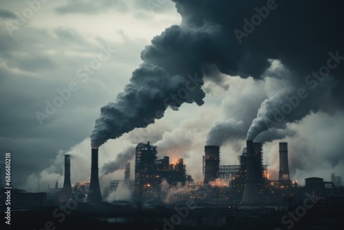 A picture showing black smoke billowing out of a factory. This image can be used to highlight pollution and environmental issues