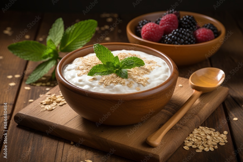 A Detailed Shot of Golden Wheat Germ Being Added to a Healthy Breakfast Bowl of Yogurt A Detailed Shot of Golden Wheat Germ Being Added to a Healthy Breakfast Bowl of Yogurt
