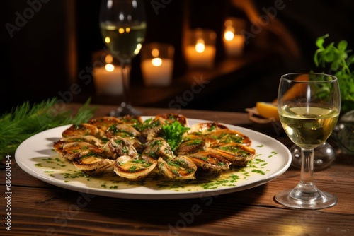 A beautifully plated serving of whelk, complemented by a zesty lemon garnish and paired with a crisp white wine
