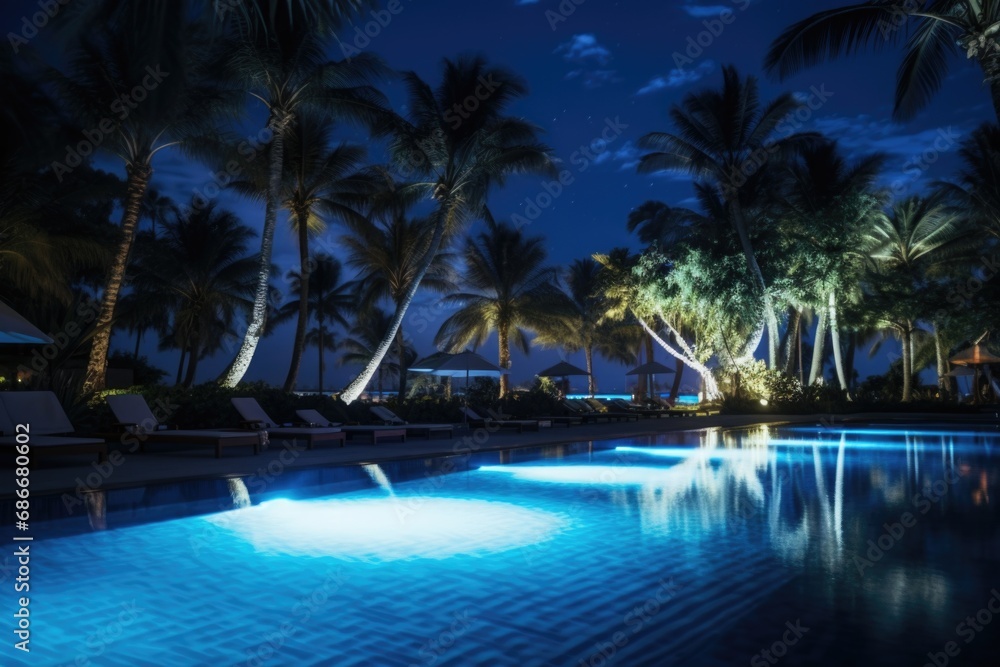 A serene swimming pool illuminated by soft lighting, surrounded by majestic palm trees. A serene swimming pool illuminated by soft lighting, surrounded by majestic palm trees.