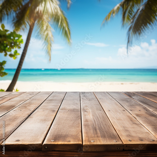 Empty wooden table with tropical beach theme in background, ai technology © Rashid