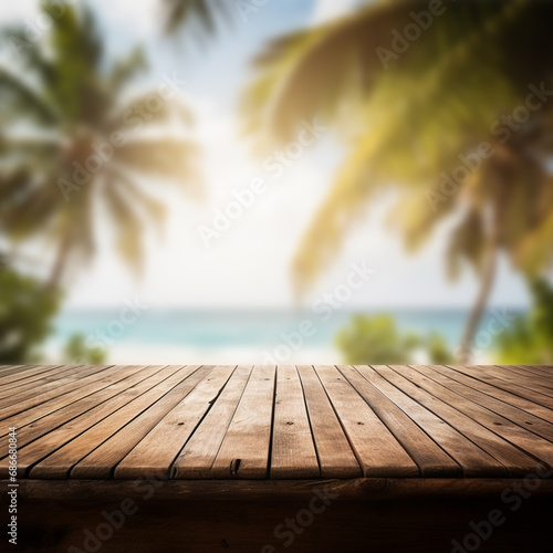 Empty wooden table with tropical beach theme in background, ai technology