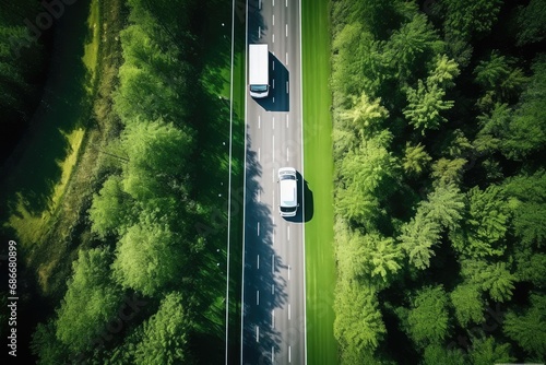 Aerial top view of car and truck driving on highway