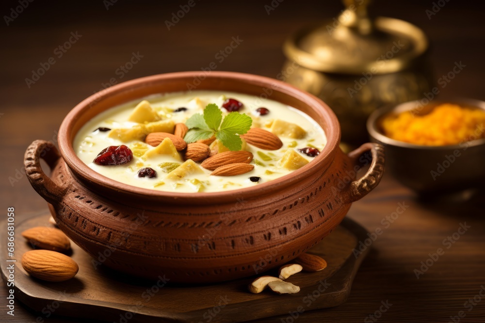 A detailed view of Basundi, garnished with aromatic spices and nuts, served in a traditional bowl, reflecting the essence of Indian festivities A detailed view of Basundi, garnished with aromatic spices and nuts, served in a traditional bowl, reflecting the essence of Indian festivities