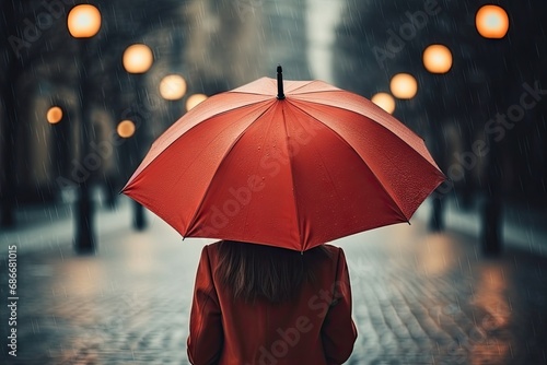 An unrecognizable woman under a red umbrella photo