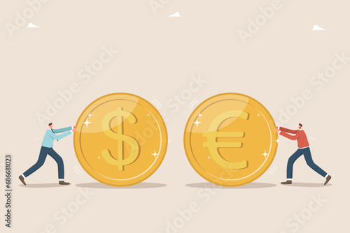 Money transfer, currency exchange, international companies for making currency transfers, dollar to euro conversion, account transactions, increase in value of currency, men roll coins to exchange.