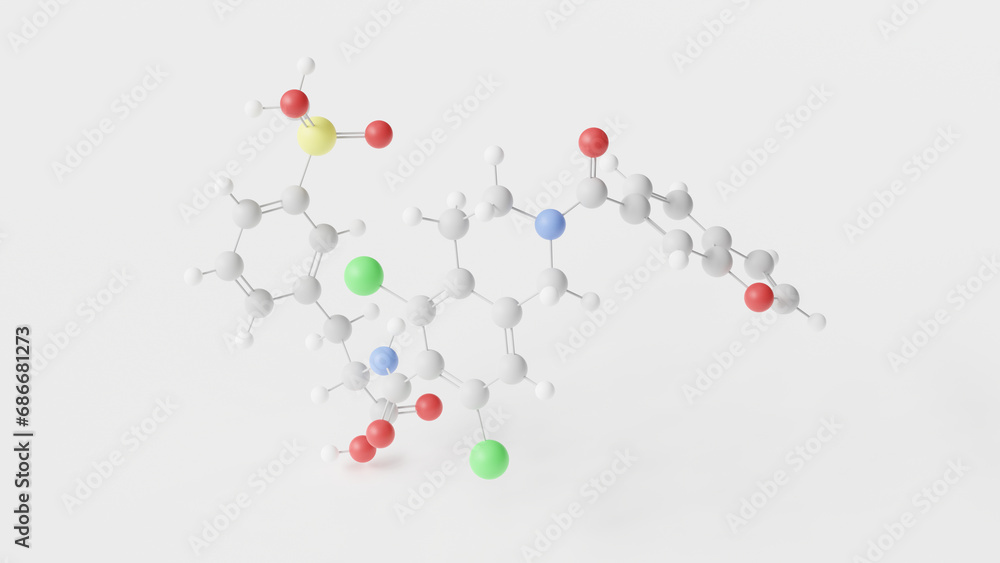 lifitegrast molecule 3d, molecular structure, ball and stick model, structural chemical formula Anti-inflammatory Agents
