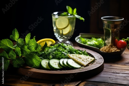 A tantalizing display of traditional Turkish Yayik Ayrani, garnished with mint, on a rustic backdrop with a side of meze