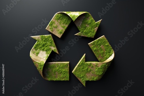 A green recycle sign made of grass on a black background. This picture can be used to promote eco-friendly initiatives and sustainability projects