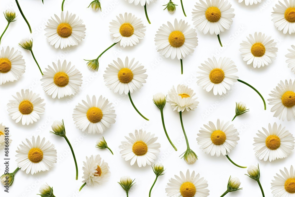 Fototapeta premium Bright chamomile daisy flower bud and stems pattern
