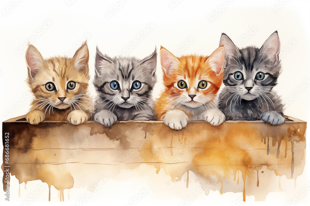 Watercolor of four kitty