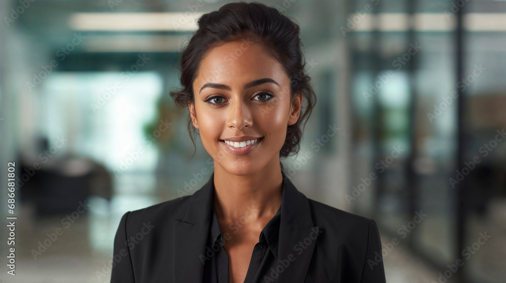 Confident young businesswoman in a sleek black suit in a corporate setting. Confident young businesswoman in a sleek black suit in a corporate setting.