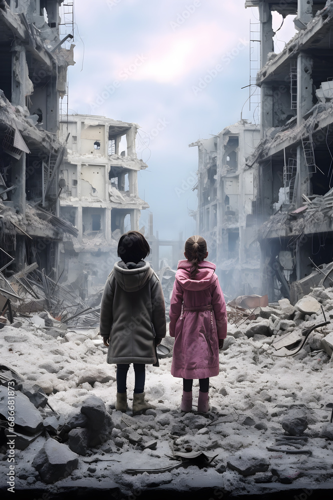 Mother and daughter looking at a destroyed building in the city. Concept of family life