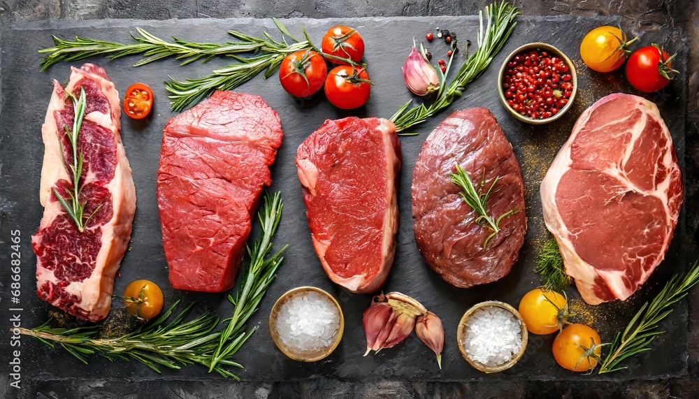 Set of different raw steaks Set of different raw steaks