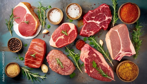  Set of different raw steaks
