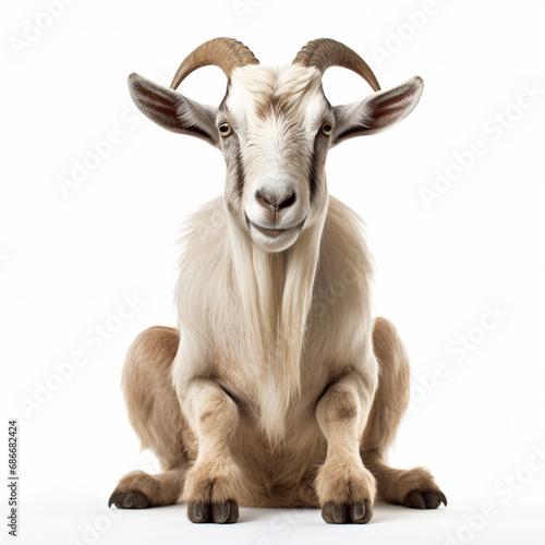 Frontal view of a goat, isolated, white background, ai technology