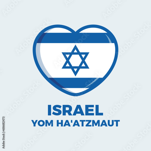 Yom Ha'atzmaut Israel Independence Day poster vector illustration. Flag of Israel in heart shape icon vector isolated on a gray background. Israeli flag graphic design element. Important day