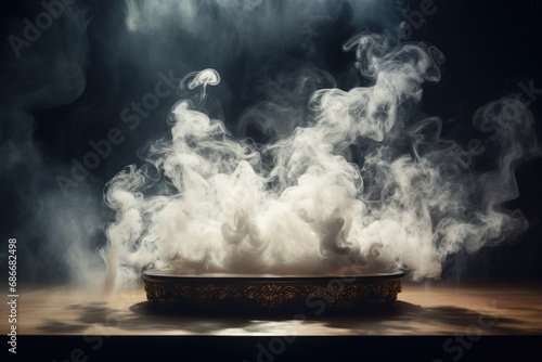 A bowl of smoke sitting on a table. Perfect for illustrating a calm and mysterious atmosphere