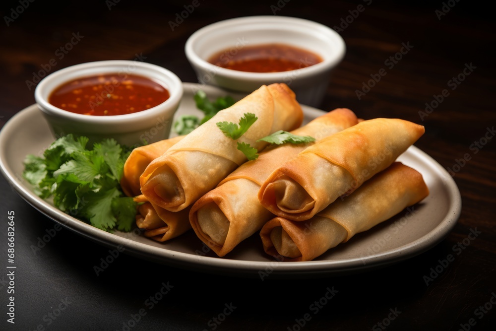 Delicious homemade eggrolls served with tangy sauce, garnished with fresh herbs and a lemon slice