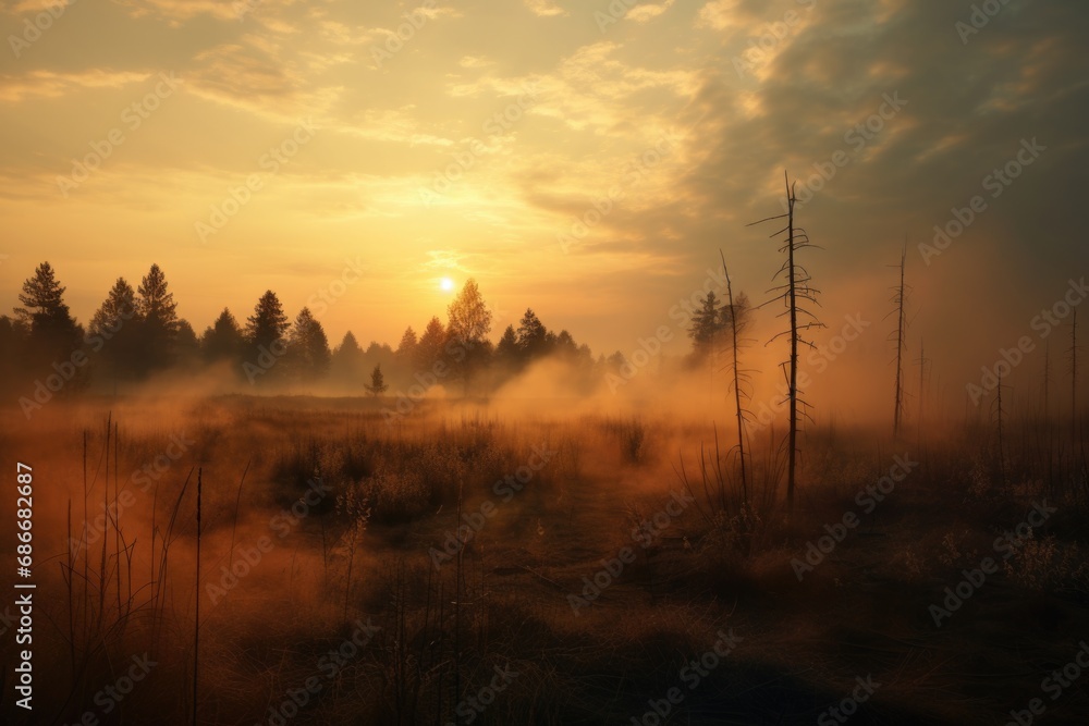 A misty field with a backdrop of trees. Perfect for nature and landscape enthusiasts A misty field with a backdrop of trees. Perfect for nature and landscape enthusiasts