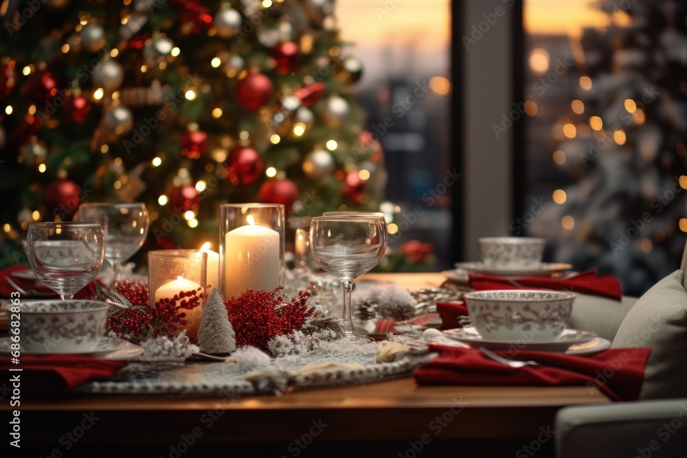 A festive Christmas table setting with beautiful candles and a decorated Christmas tree in the background. Perfect for holiday gatherings and celebrations