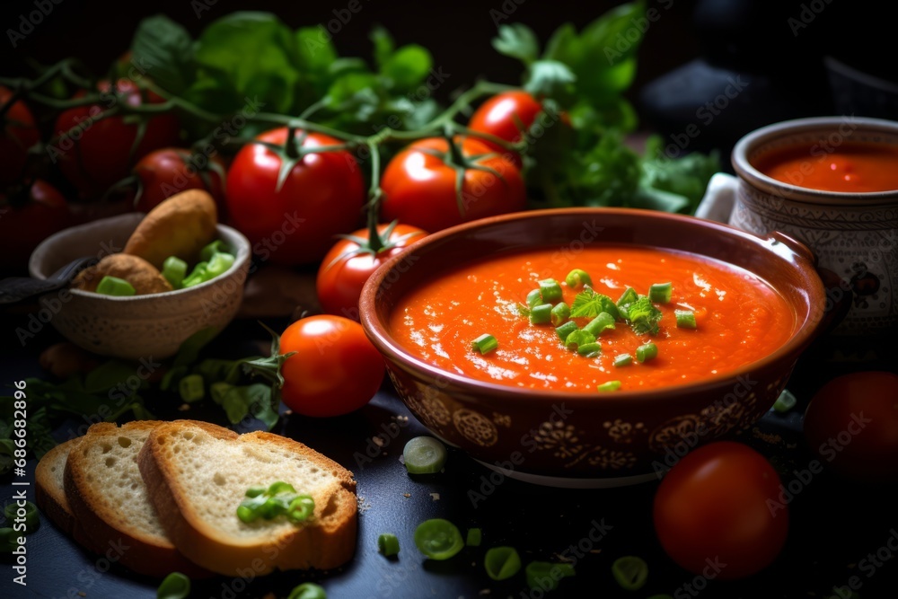 A beautifully presented bowl of Gazpacho, a classic Spanish cold soup, accompanied by a slice of bread on a rustic table setting