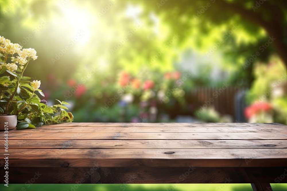 Fototapeta premium Empty wooden table across summer time in backyard garden