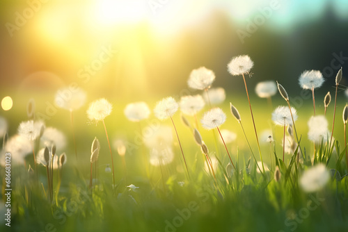 Summer spring beautiful natural scenery. Blooming lush green grass in meadow outdoors.