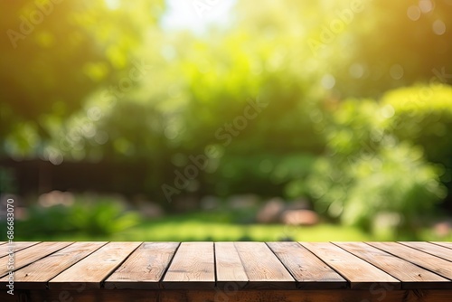 Empty wooden table across summer time in backyard garden