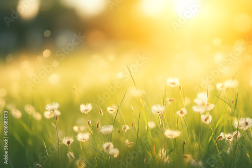 Summer spring beautiful natural scenery. Blooming lush green grass in meadow outdoors.