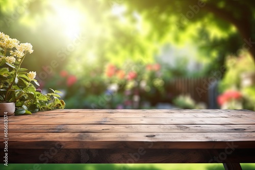 Empty wooden table across summer time in backyard garden © Tymofii