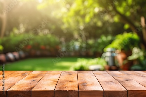 Empty wooden table across summer time in backyard garden photo