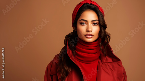 Portrait attractive hispanic woman on red demi - season clothes in front of vivid brown beige background. Winter fashion. Horizontal banner template with copy space photo
