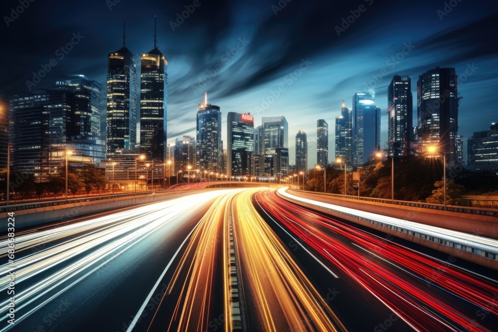 A stunning long exposure photo capturing the vibrant lights and bustling energy of a city at night. Perfect for adding a dynamic and urban touch to any project or design