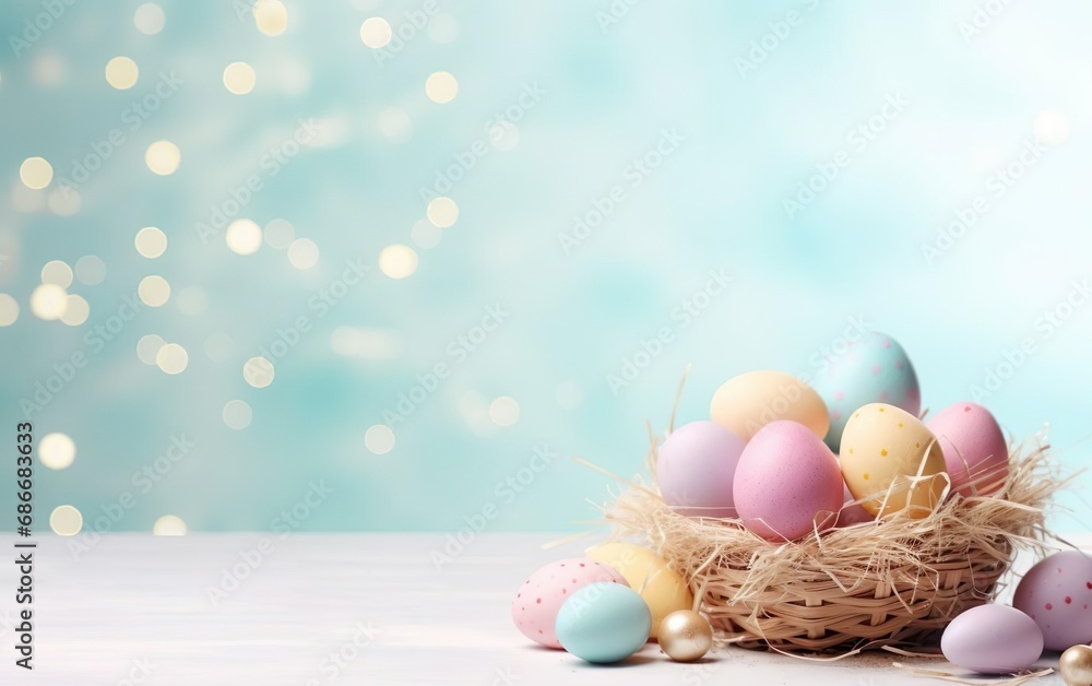 Decorative Easter eggs in a nest shaped basket, pastel colors, blurred background. Bokeh, de focus, copy space for your text. Spring design for banner, poster, greeting card, invitation. AI Generative Decorative Easter eggs in a nest shaped basket, pastel colors, blurred background. Bokeh, de focus, copy space for your text. Spring design for banner, poster, greeting card, invitation. AI Generative