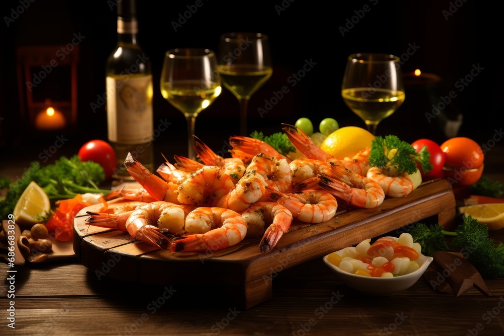 A delightful seafood feast featuring succulent shrimp, complemented by a tangy lemon garnish and a refreshing glass of white wine