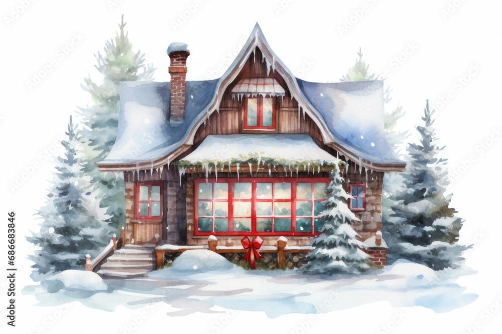A beautiful watercolor painting depicting a house covered in snow. Perfect for winter-themed designs and holiday projects A beautiful watercolor painting depicting a house covered in snow. Perfect for winter-themed designs and holiday projects